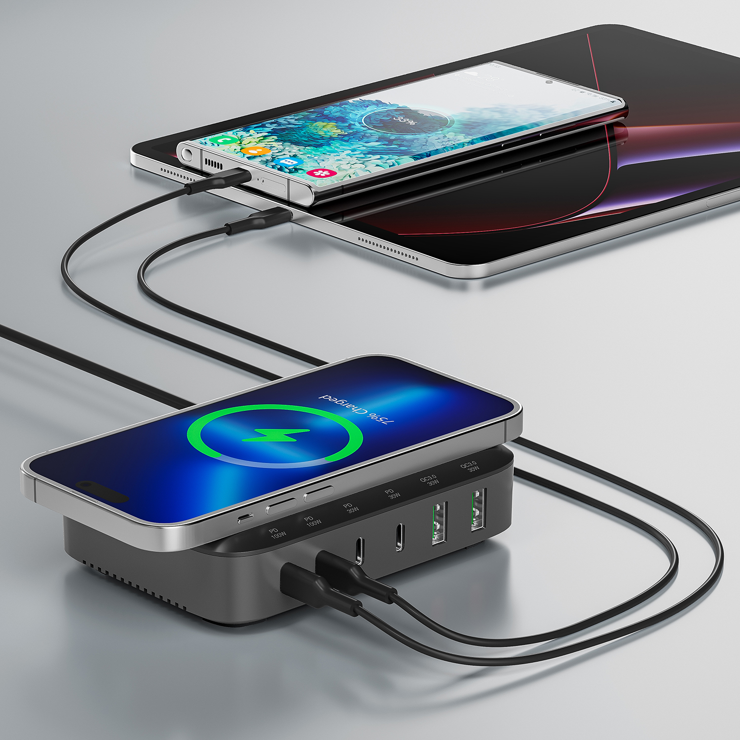 The qi charging process is possible with the 4smarts 7in1 GaN charging station.