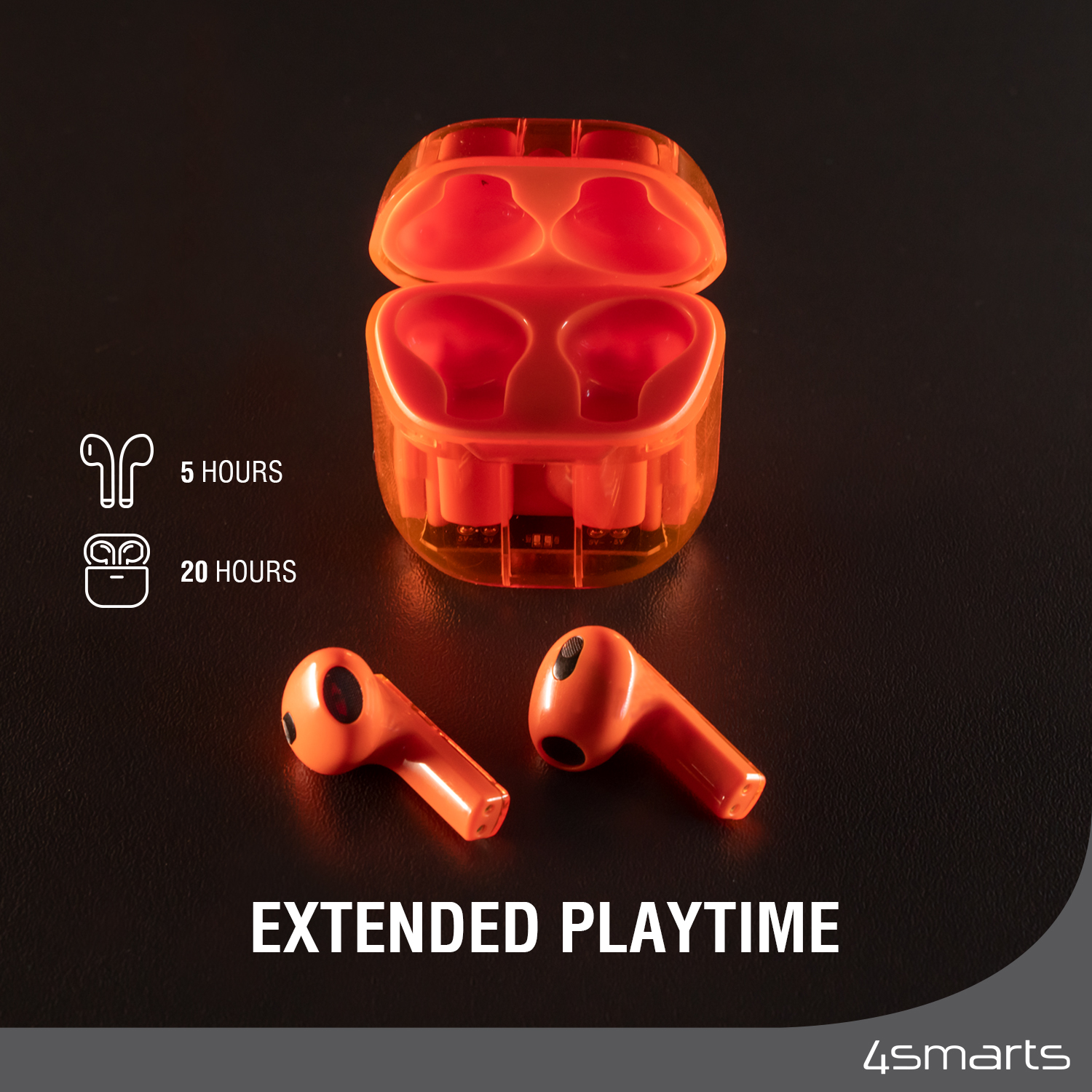 The TWS Lucid bluetooth headphones have extended playtime.