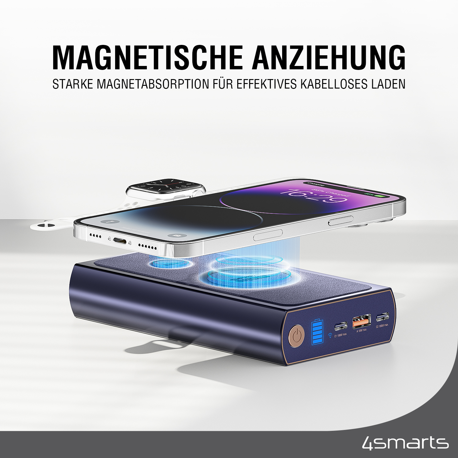 Du kannst deine MagSafe kompatiblen Apple Geräte mit unserer Powerbank kabellos laden.