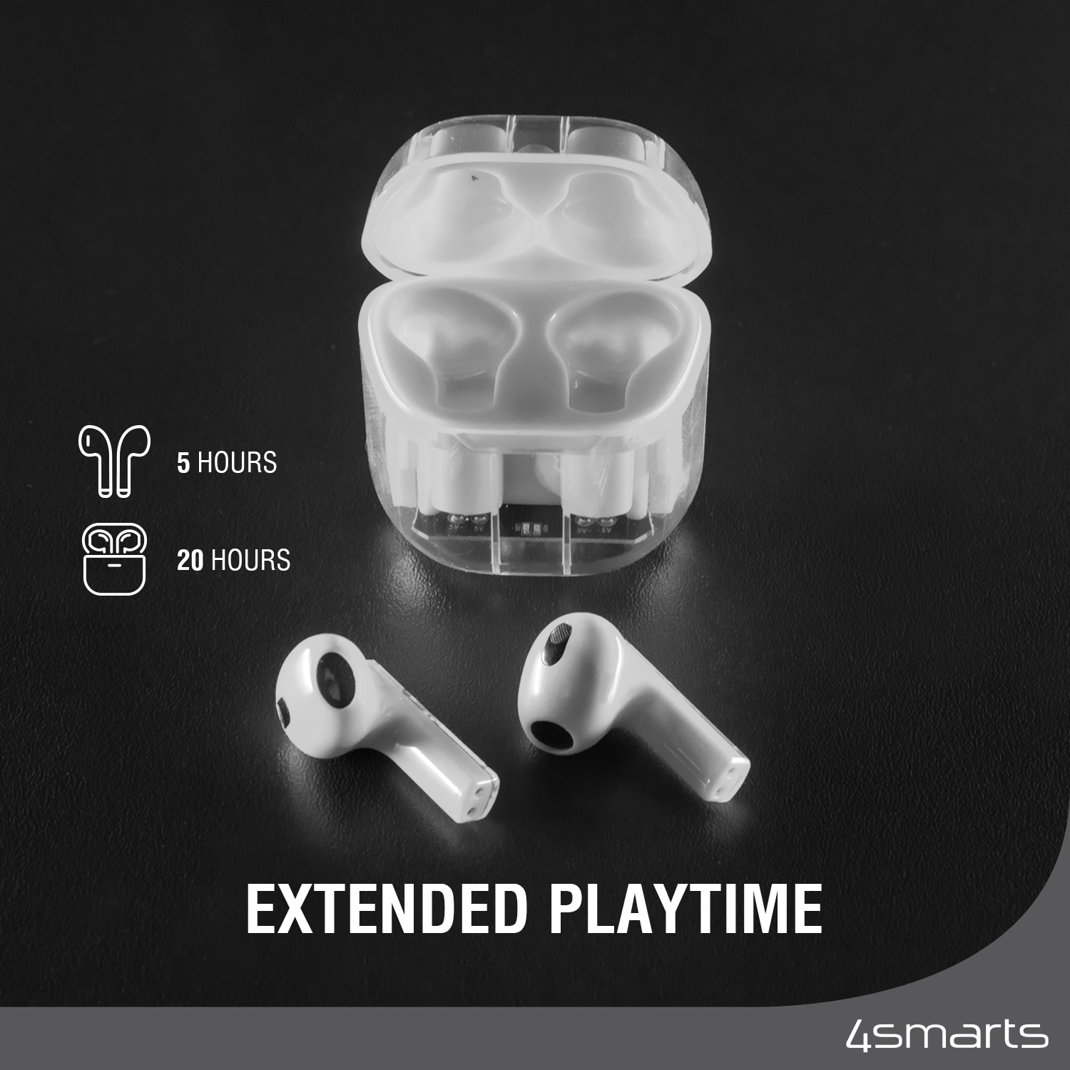 The TWS Lucid bluetooth headphones have extended playtime.