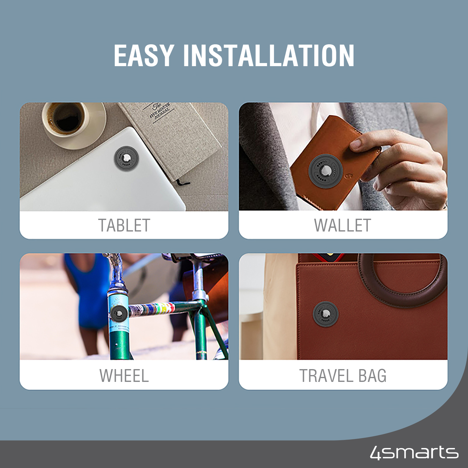 Our 4smarts AirTag Holder Set of 4 is the perfect solution if you want to keep an eye on your valuables and pets.