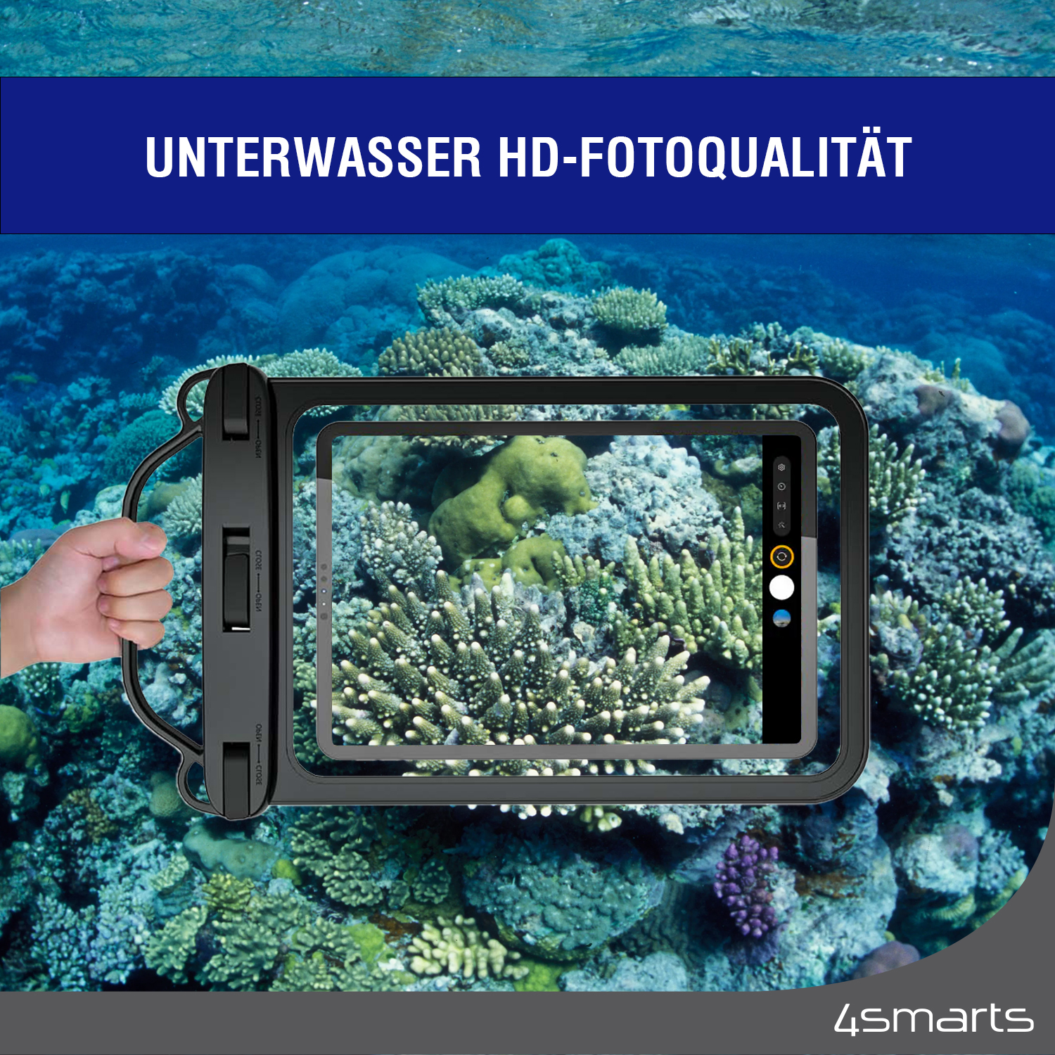 Die 4smarts Waterproof Tasche Active Pro mit kristallklarem Fenster auf beiden Seiten ermöglicht dir die Unterwasserfotos von bestmöglicher Qualität zu machen.