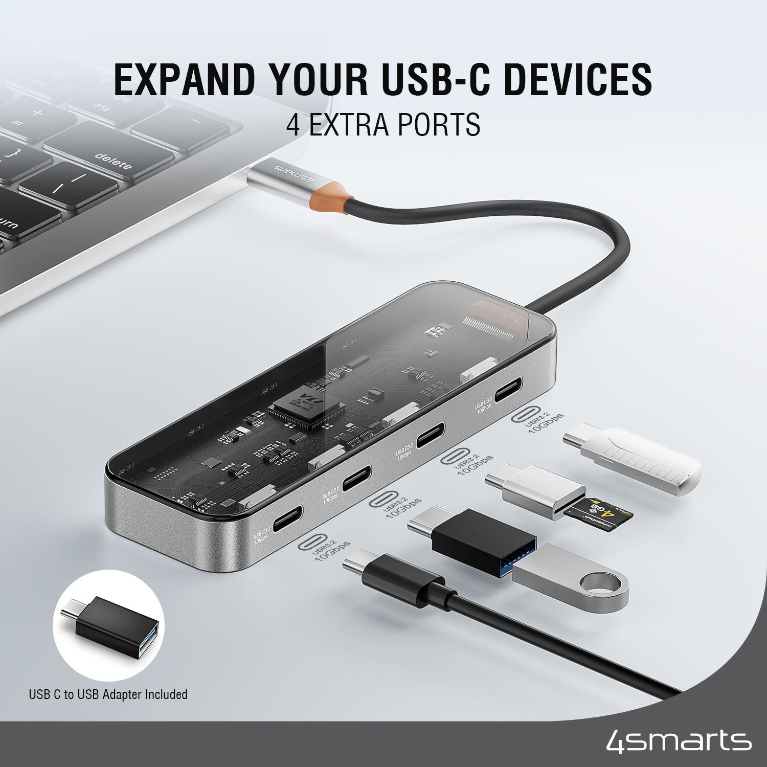 4smarts USB-C Hub expands your devices with 4 additional ports.