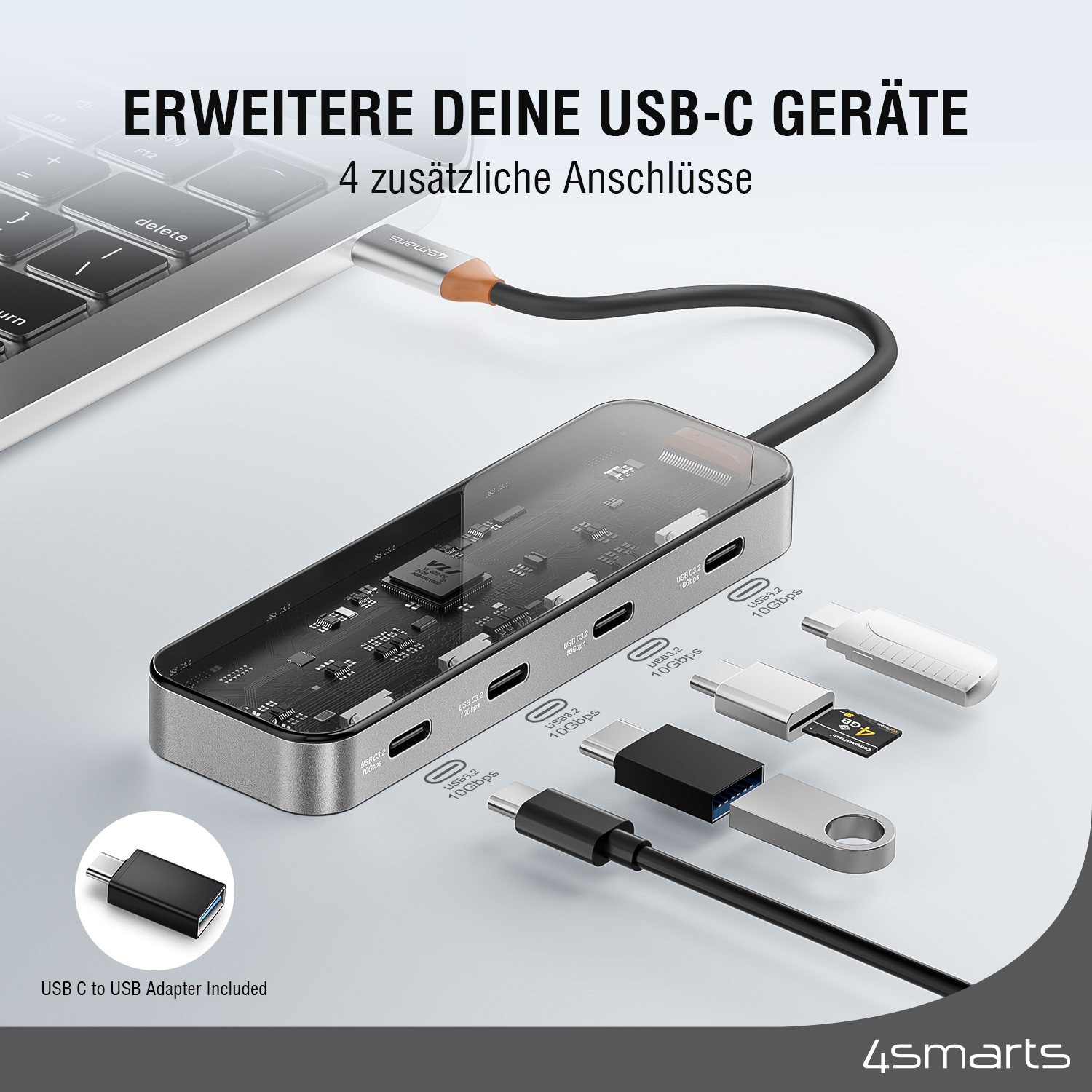 4smarts USB-C Hub erweitert deine Geräte mit 4 zusätzlichen Anschläussen.