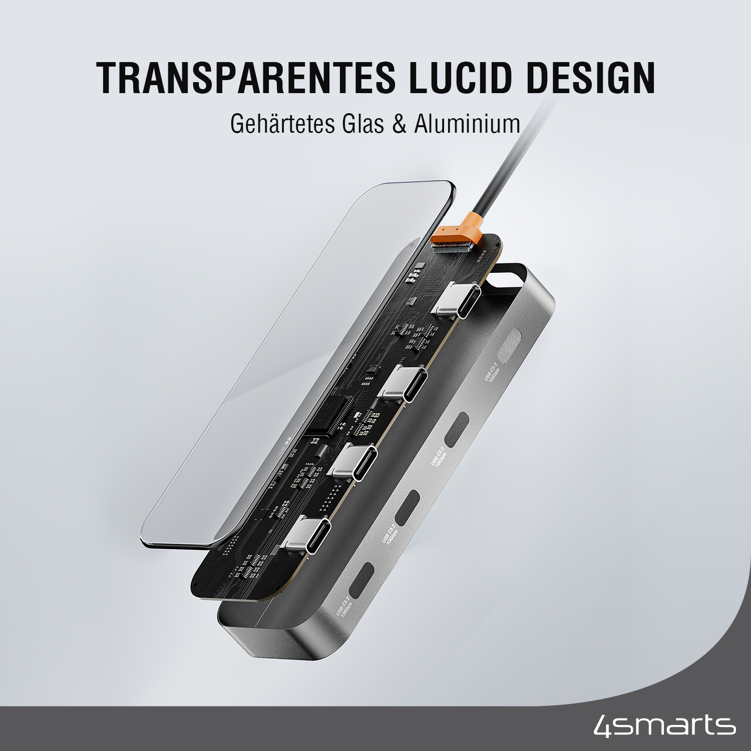 Unser 4smarts USB Type C Hub mit transparentem Design ist aus gehärtetes Glas und Aluminium gemacht.