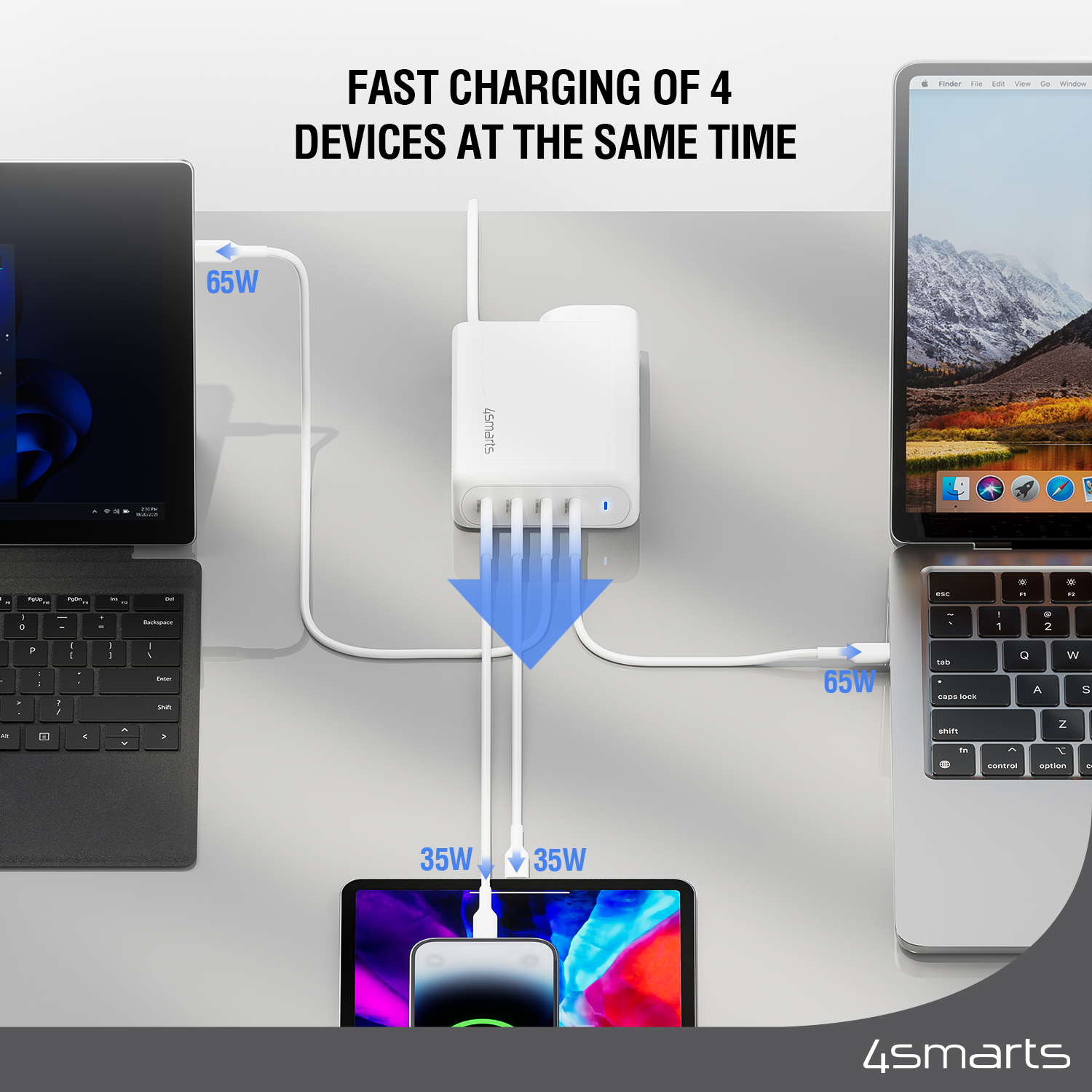 The 4smarts USB C 200W GaN Charger can charge up to 4 devices simultaneously.