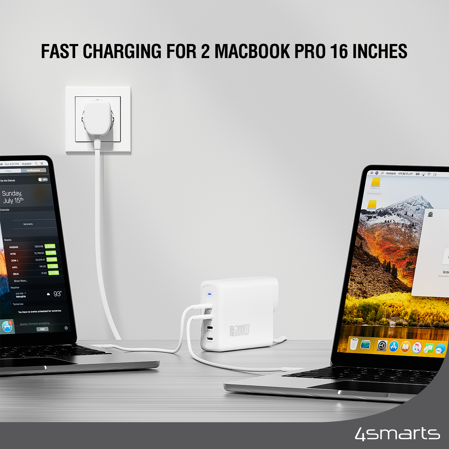 The 200W USB C power bank from 4smarts charges two MacBook Pro devices simultaneously at full speed with 100W each.