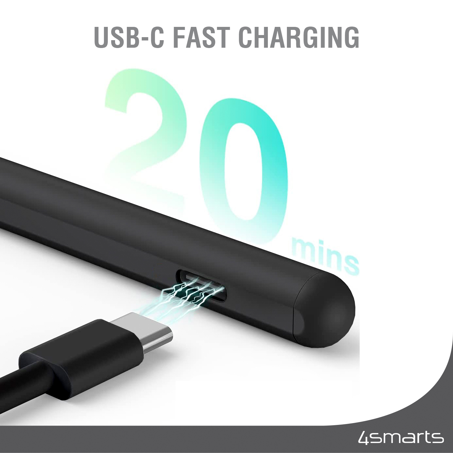 Charge the 4smarts Pencil Pro 3 in just 20 minutes either directly from the USB-C port of your Apple device or from a USB-C power adapter.