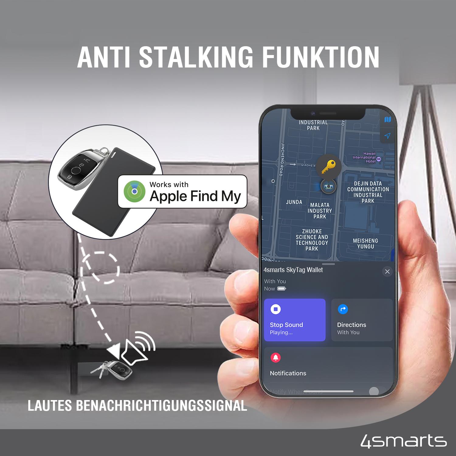 Mit einem lauten Signalton von bis zu 80 db ist es unmöglich, deinen Geldbeutel zu überhören, und die Anti-Stalking-Funktion ist ebenfalls vorhanden.