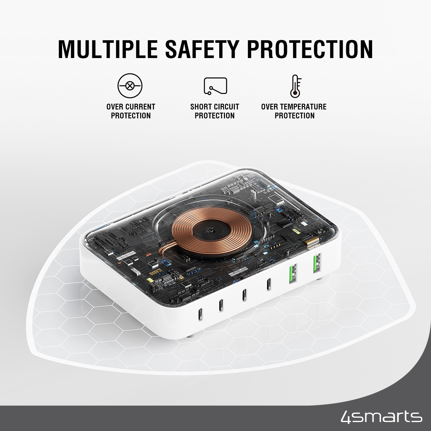 With multi-level protection mechanisms such as over-current, over-heat, over-charge and short-circuit protection, your 4smarts 7in1 GaN charging station is protected around the clock while it charges.