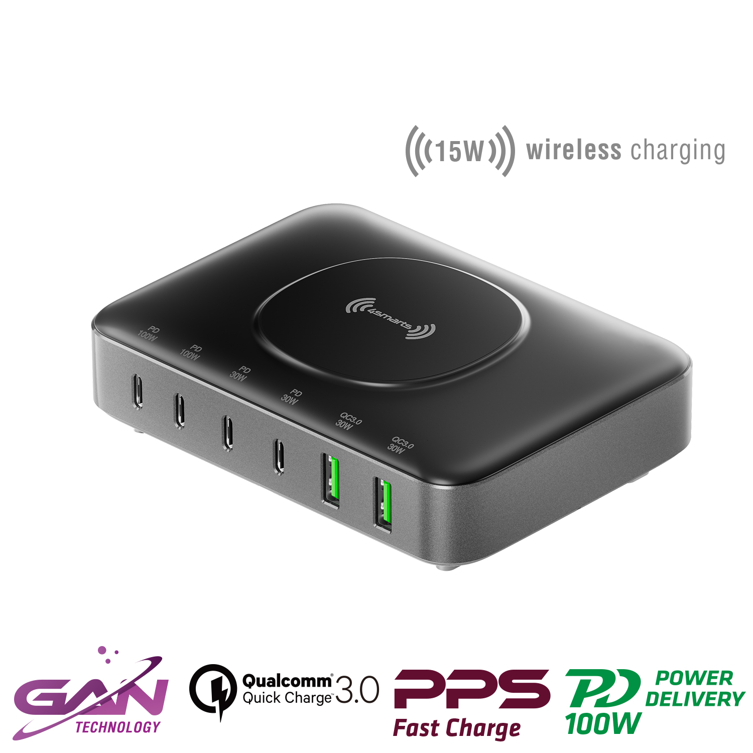 Charge your devices efficiently, wirelessly and quickly with the 4smarts 7in1 GaN charging station.