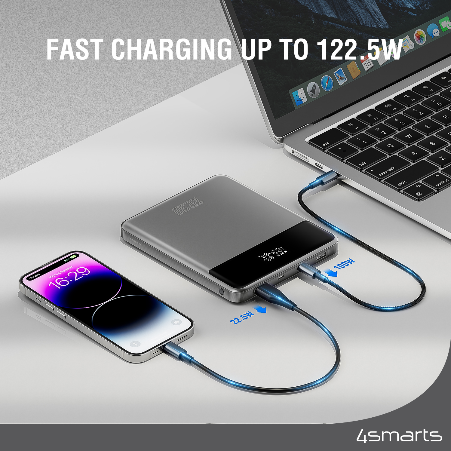 The 4smarts Powerbank Enterprise Slim 20000mAh supports fast charging up to 122.5W.
