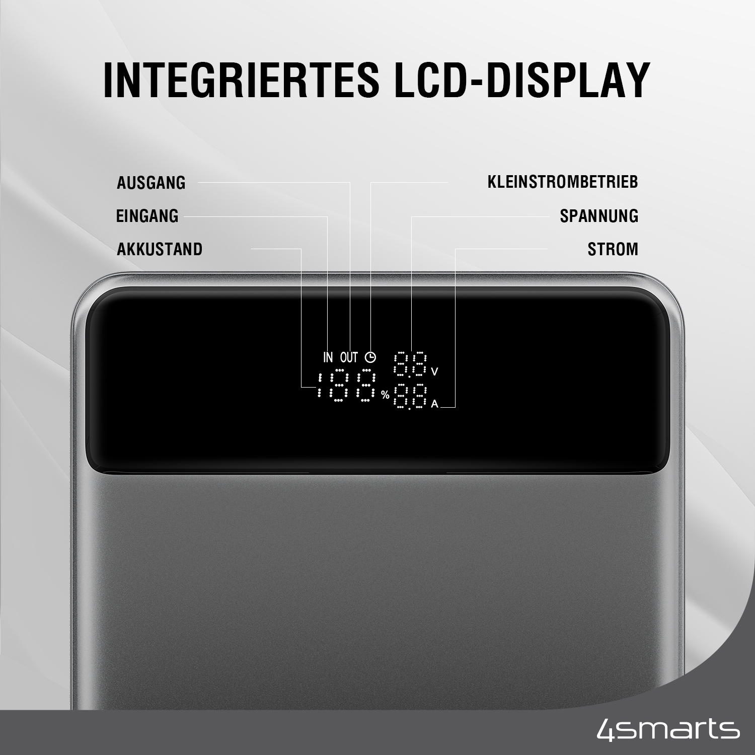 Die 4smarts Powerbank Enterprise Slim 20000mAh verfügt über ein integriertes LCD-Display.
