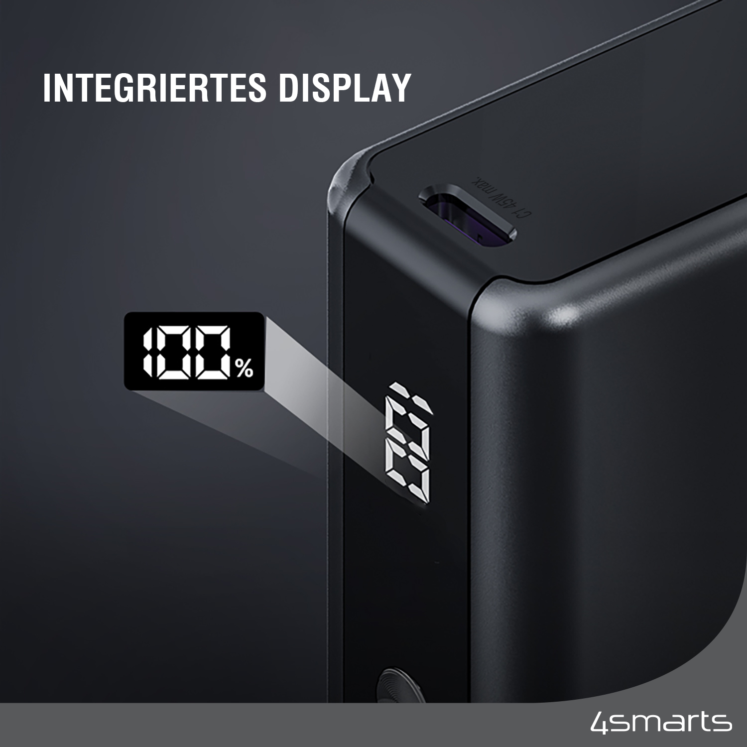 Die 4smarts Powerbank Pocket Slim 10000mAh 45W schwarz verfügt über ein LCD-Display zur sofortigen Kontrolle des Akkustandes.