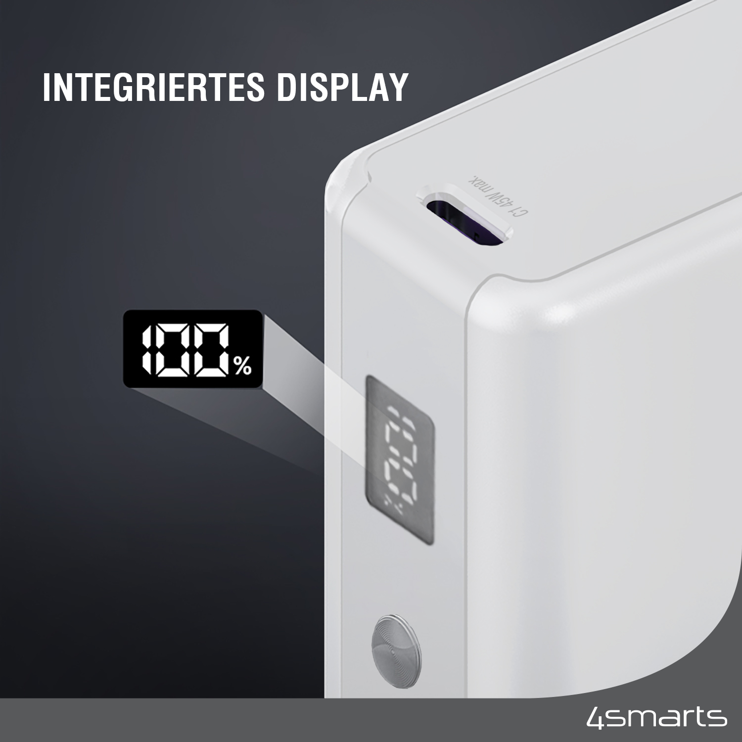 Die 4smarts Powerbank Pocket Slim 10000mAh 45W weiß ist mit einem LCD-Display ausgestattet, mit dem der Ladezustand der Batterie sofort überprüft werden kann.