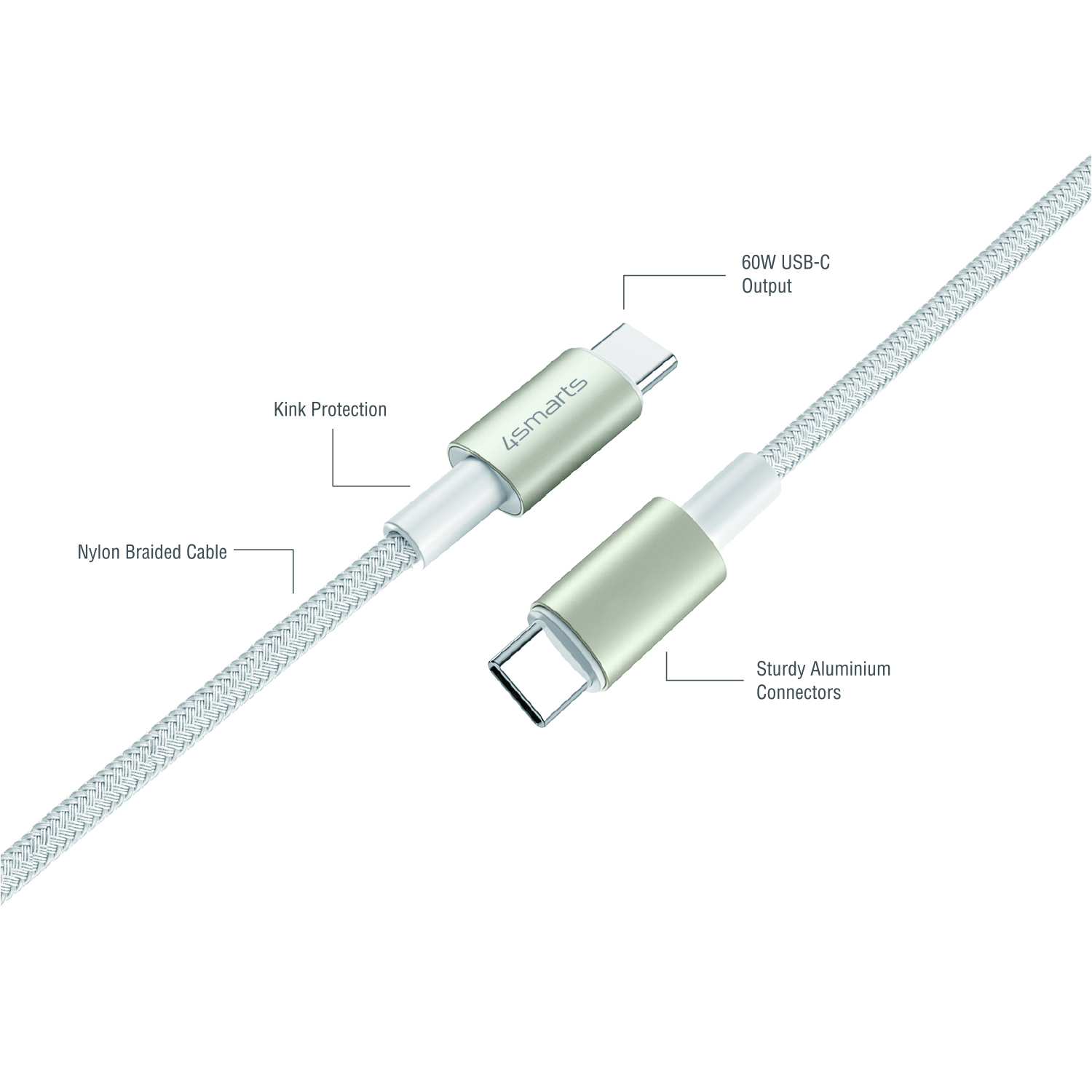 Das 4smart USB-C auf USB-C Kabel PremiumCord 60W besteht aus strapazierfähigem Nylon mit eleganten Aluminiumenden und einer widerstandsfähigen Zinklegierung.