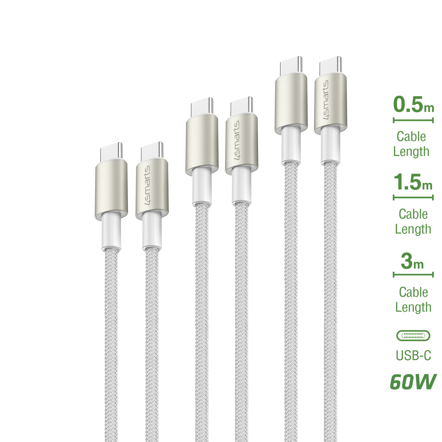 The different lengths of the 4smart USB-C to USB-C Cable PremiumCord 60W of 0.5m, 1.5m and 3m ensure that the right cable is always at hand.