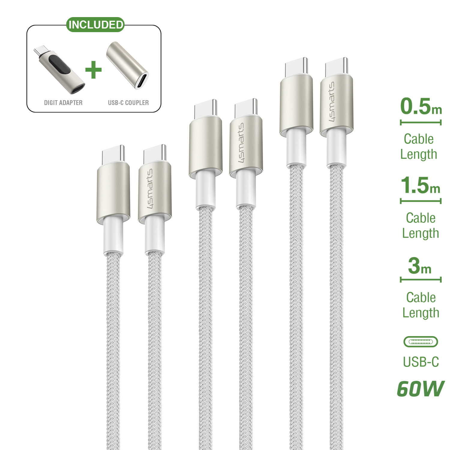 The 4smarts USB-C PremiumCord 60W set is available in 3 lengths.