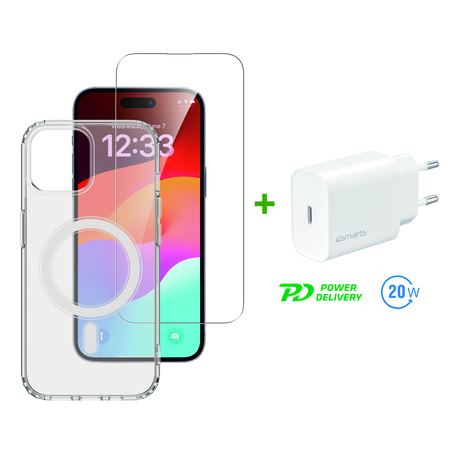The 4smarts 3in1 Premium Starter Set for Apple iPhone 15 is an all-around set that includes a MagSafe-compatible protective case, powerful 20-watt power adapter and 9H protective glass to protect your display.