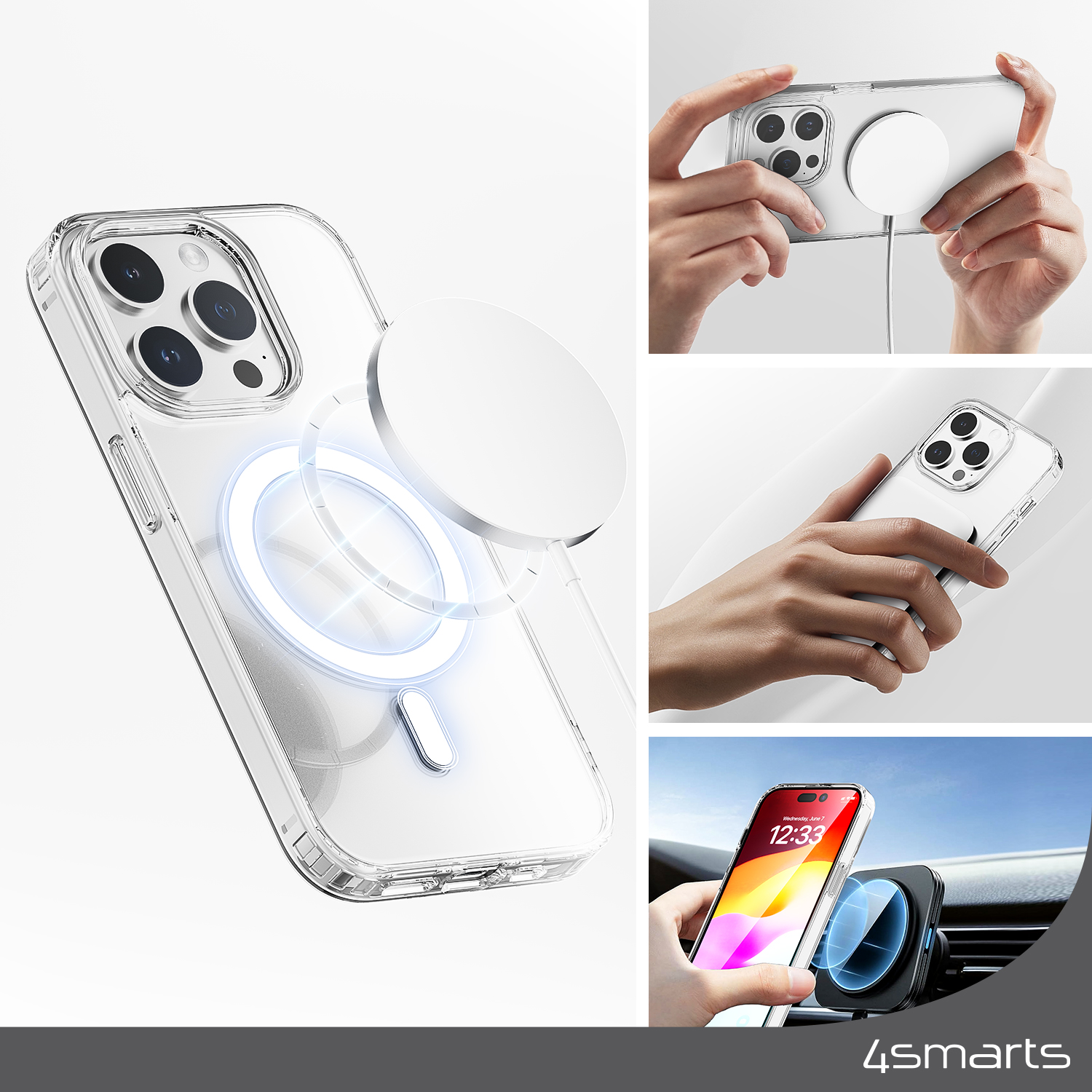 The 4smarts 3in1 Premium Starter Set for Apple iPhone 15 Pro features a MagSafe-compatible phone case with precisely aligned, integrated magnets that fit perfectly to the smartphone for easy attachment and faster wireless charging.