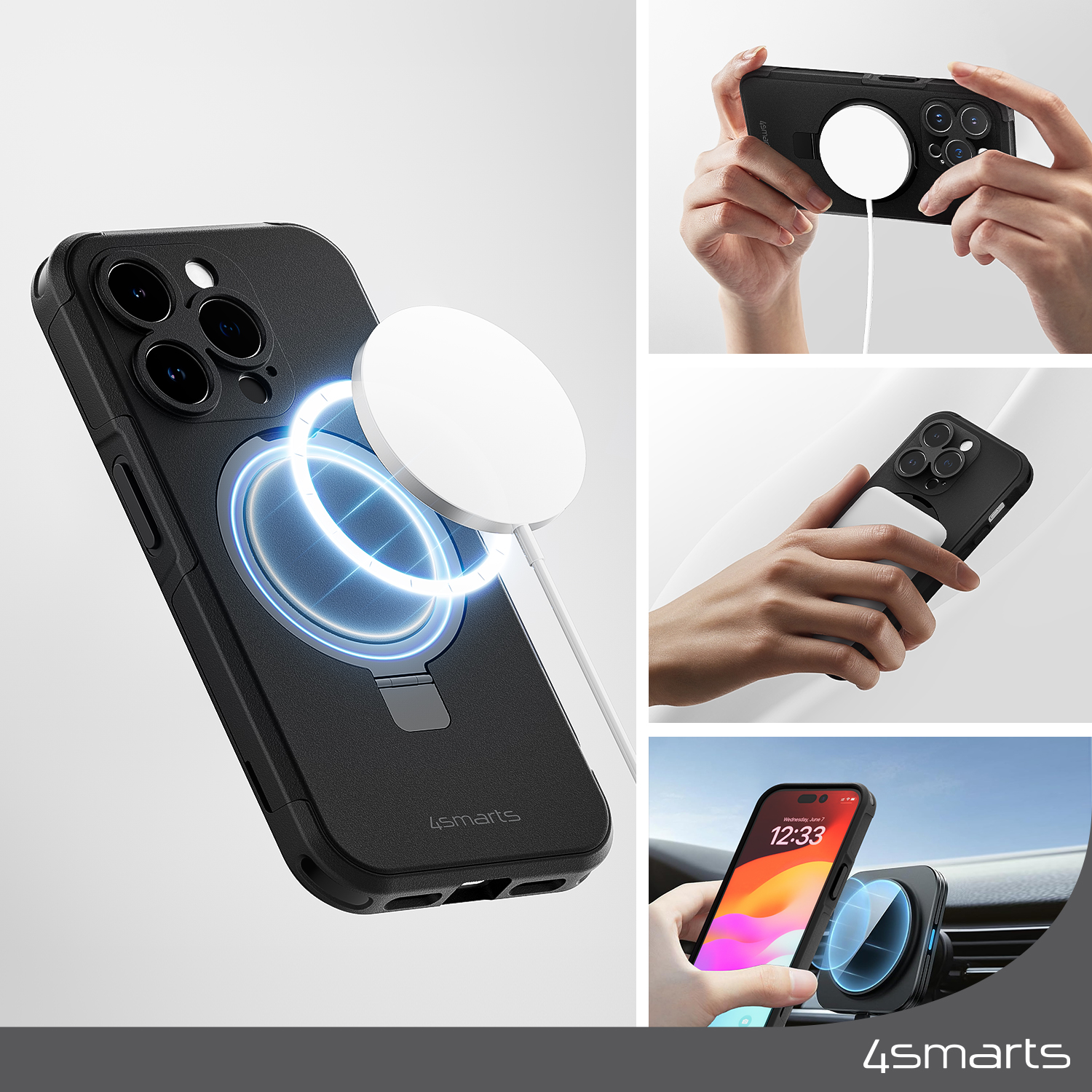 Die Defend Case Magic Stand Hülle für das Apple iPhone 15 Plus zeichnet sich durch seine MagSafe-Kompatibilität aus und erlaubt eine reibungslose Nutzung diverser MagSafe-Zubehörkomponenten von verschiedenen Herstellern.