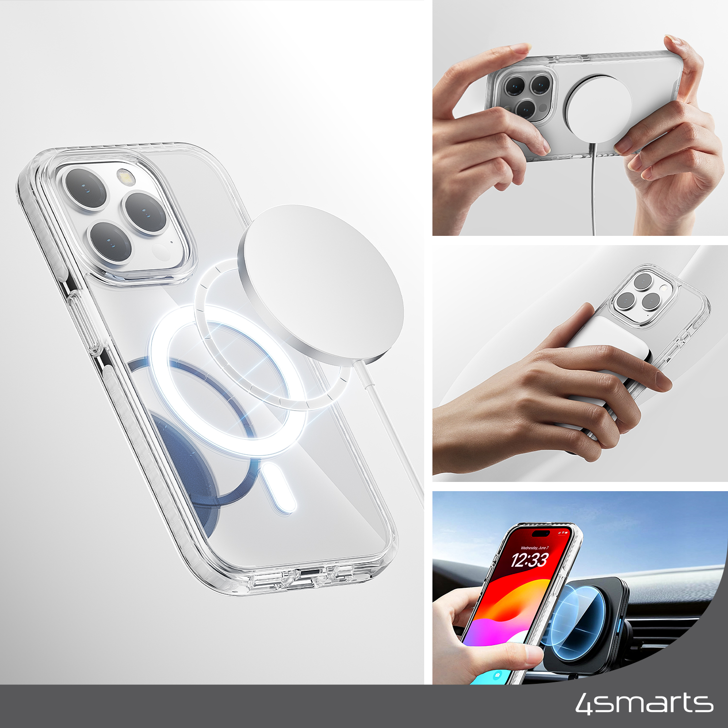 The 4smarts Hybrid Case Guard 3Meter Drop for Apple iPhone 15 Plus is compatible with MagSafe and features an efficient magnet that ensures stability and enables fast charging.