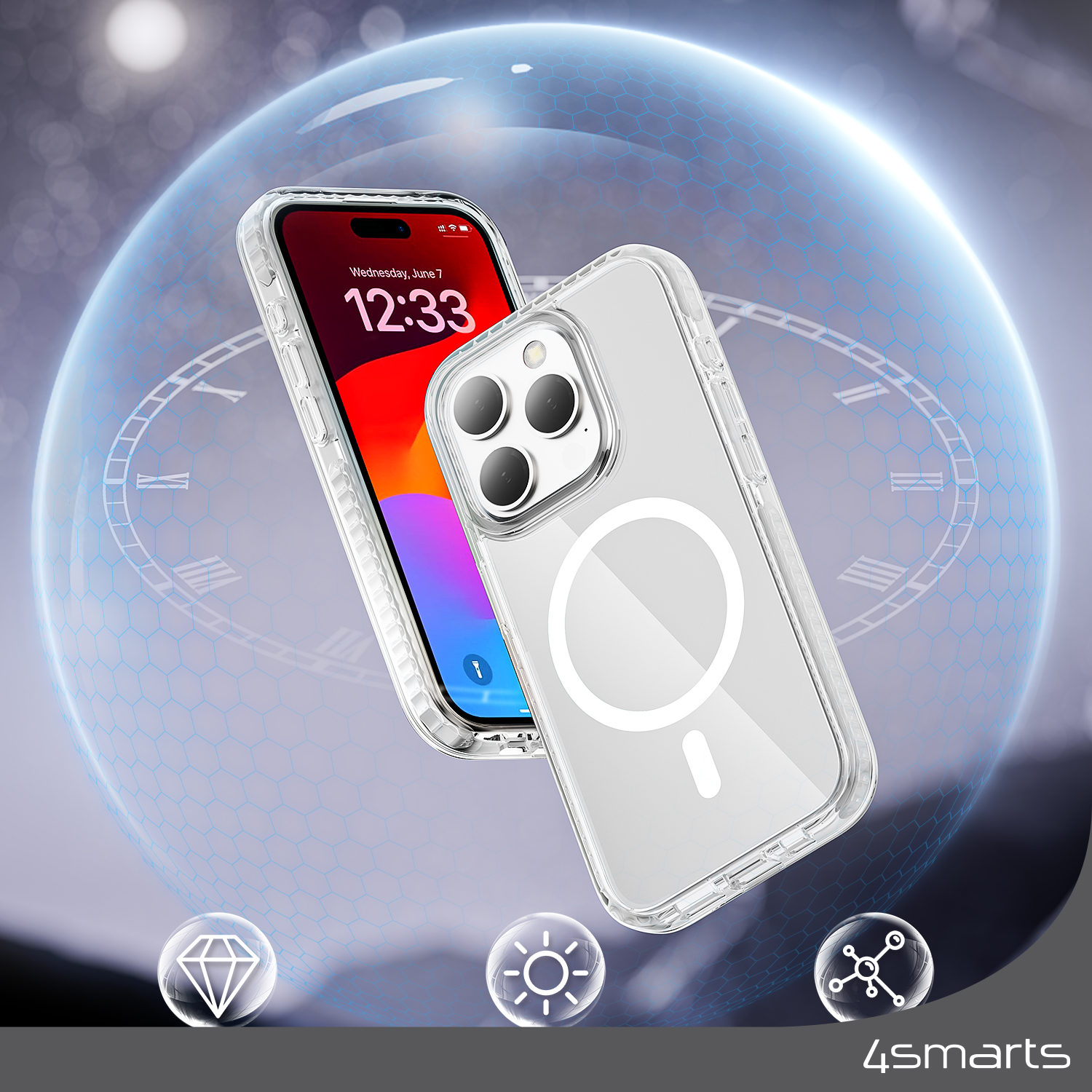 The 4smarts Hybrid Case Guard 3Meter Drop for Apple iPhone 15 Plus features UV resistance, ensuring lasting clarity and transparency. It remains free from yellowing and is effortless to clean.