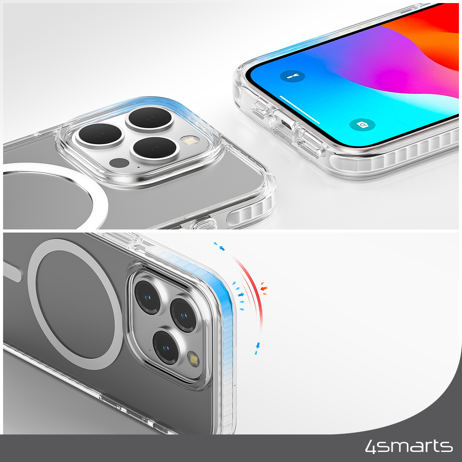 Durch die zusätzlich verstärkten Kanten gewährleistet das 4smarts Hybrid Case Guard 3Meter Drop für das Apple iPhone 15 Pro einen umfassenden Schutz, der auch das Display und die Kamera einschließt.
