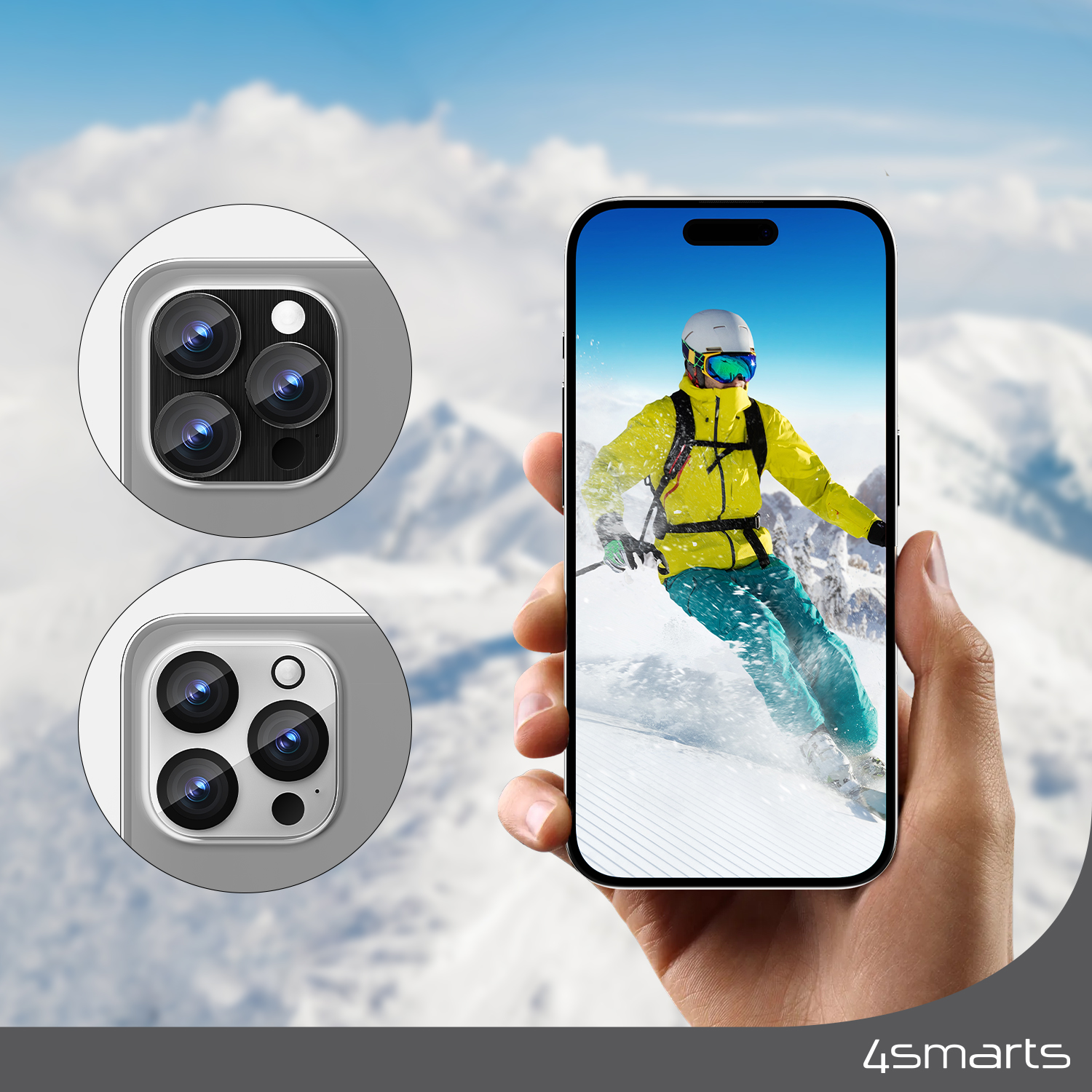 The specially designed 4smarts Lens Protector StyleGlass for Apple iPhone 15 Pro / 15 Pro Max Set of 2 protects the valuable lens of your iPhone camera even when skiing, without affecting the image quality.