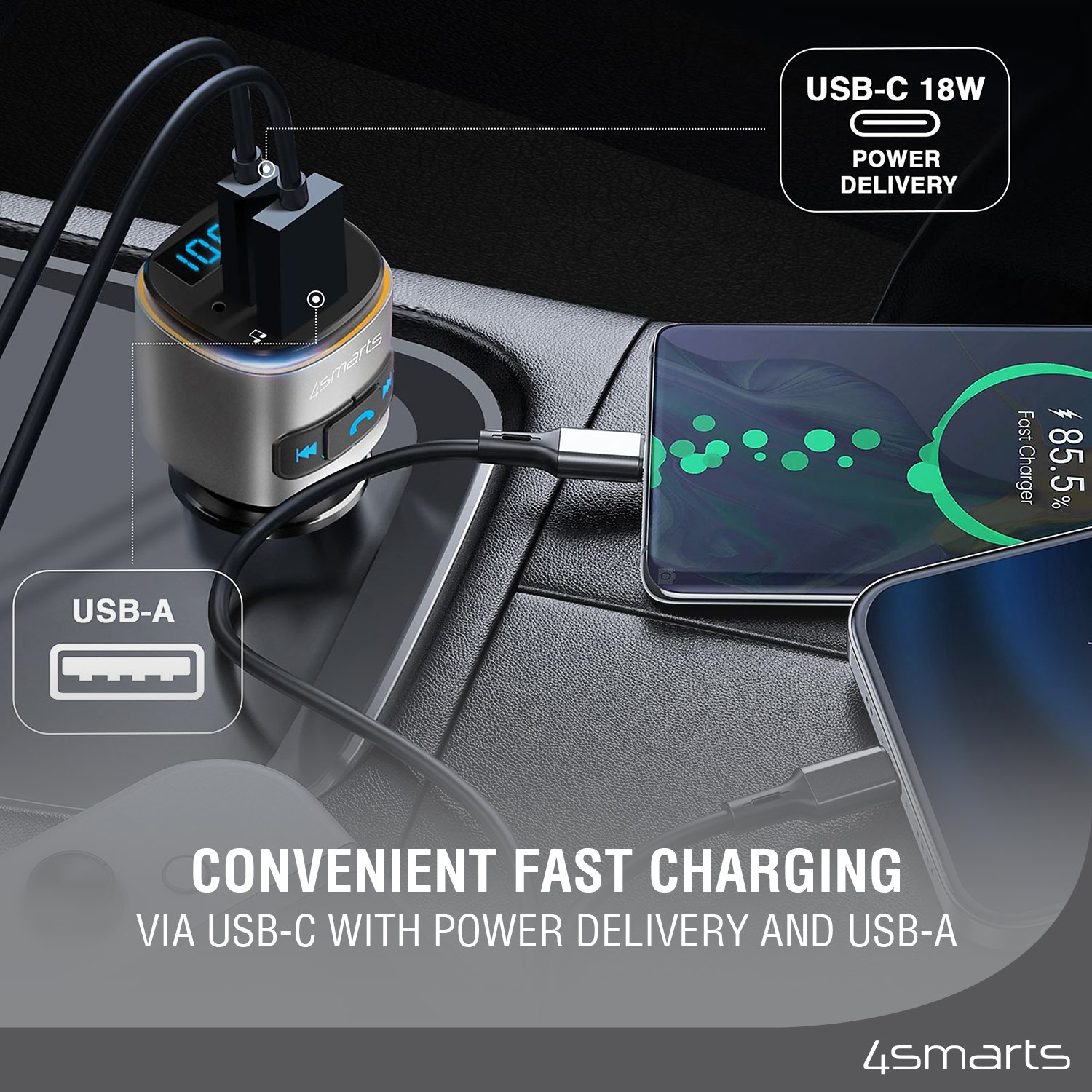 With an integrated USB-C port with PD3.0 and a USB-A port, the 4smarts Bluetooth Transmitter Media&Assist 2 can charge multiple devices simultaneously and quickly.