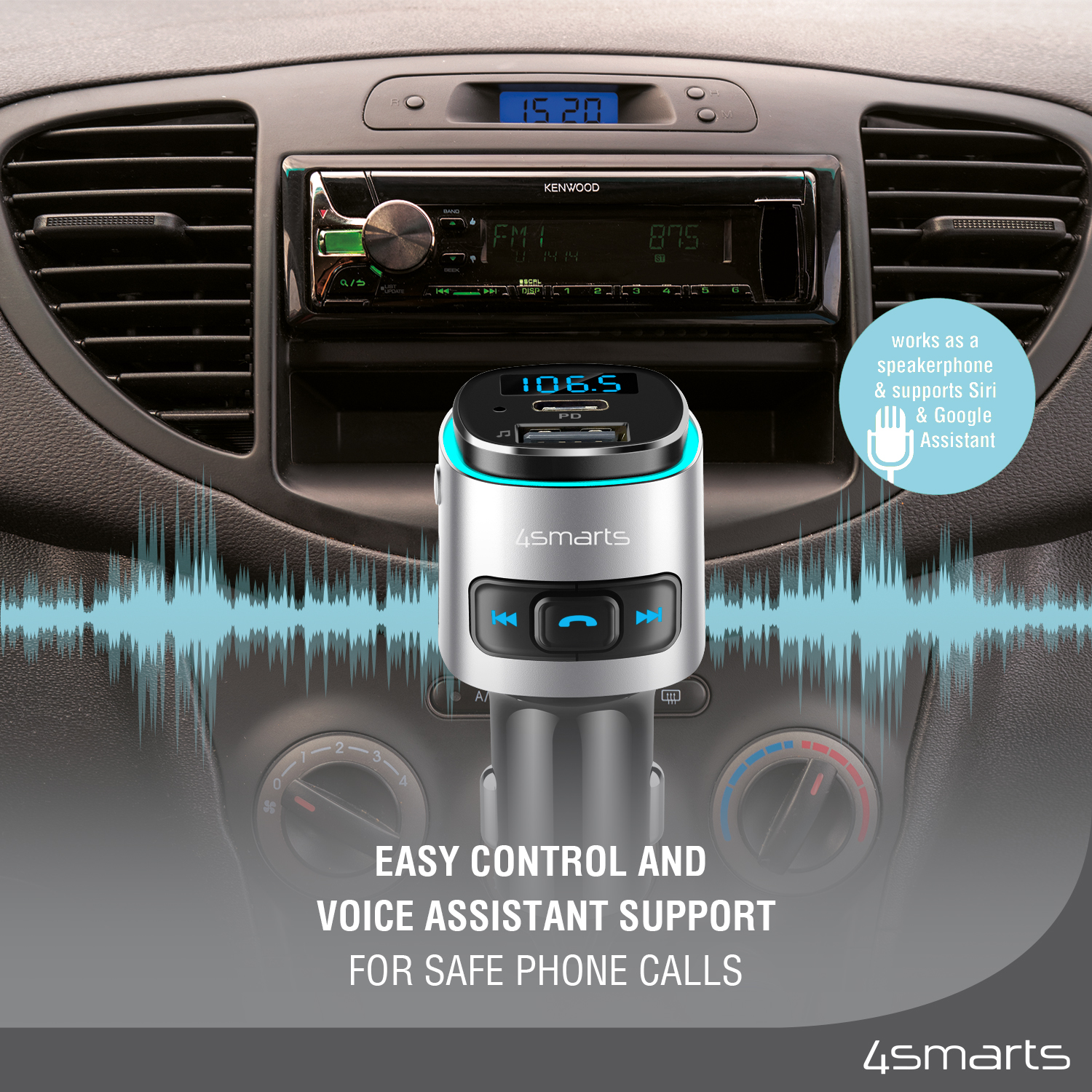 The 4smarts Bluetooth Transmitter Media&Assist 2's built-in speakerphone simplifies operation and the voice assistant ensures safe phone calls.