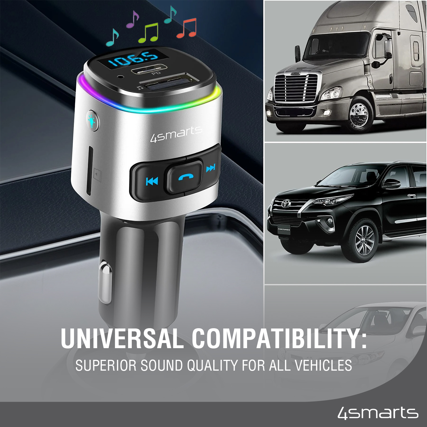 The 4smarts Bluetooth Transmitter Media&Assist 2 offers premium sound transmission and is compatible with most cell phones, car radios and cars.