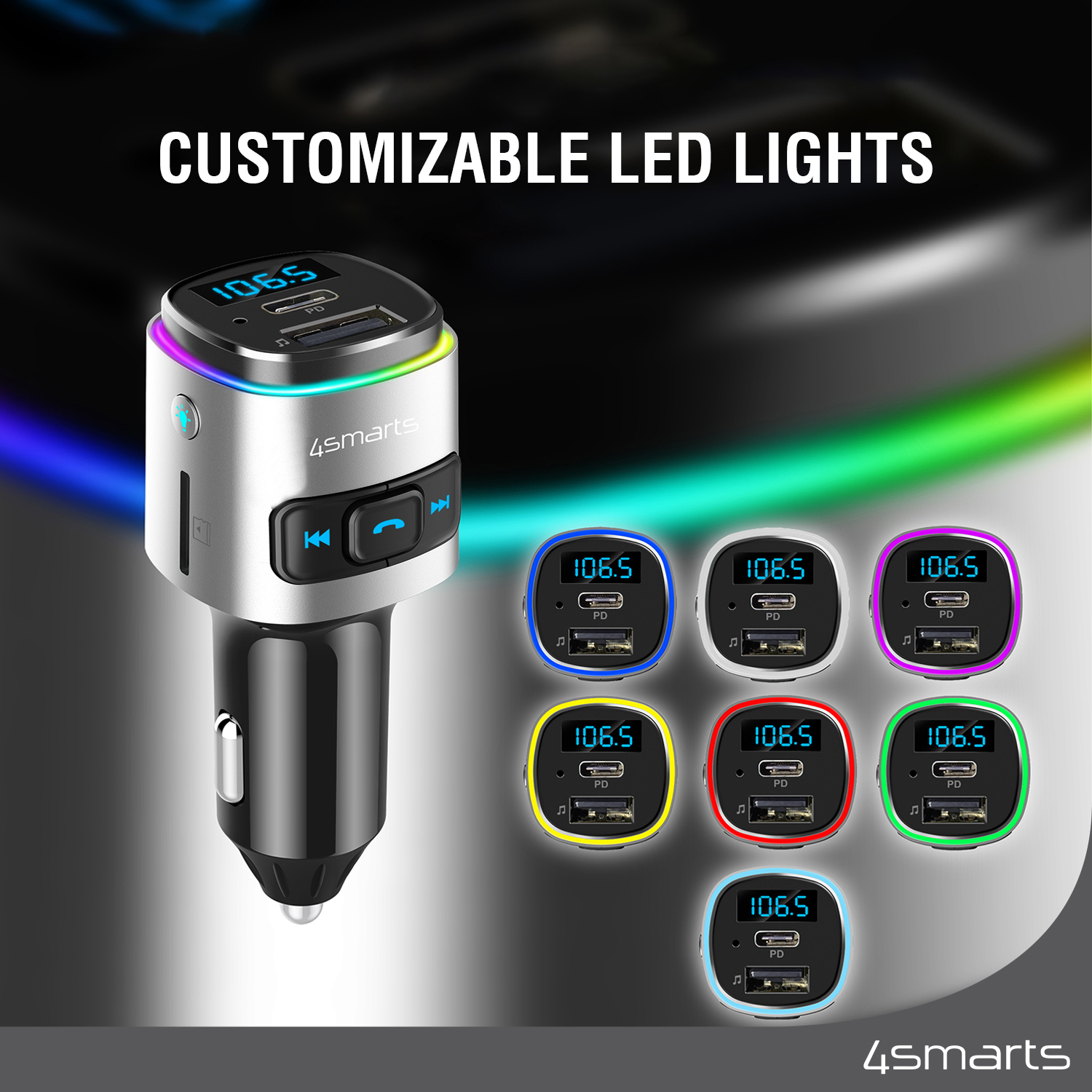 The 4smarts Media&Assist 2 Bluetooth Car Adapter offers 7 adjustable LED colors to choose from.