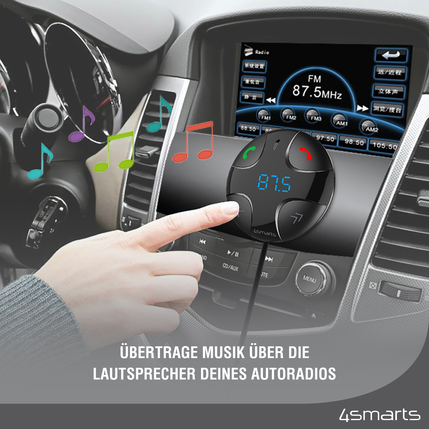 Mit dem 4smarts Bluetooth FM Transmitter DashRemote mit Multimedia-In, Freisprechfunktion und Kfz-Ladegerät kannst du deine Musik ganz einfach über die Lautsprecher deines Autoradios abspielen.