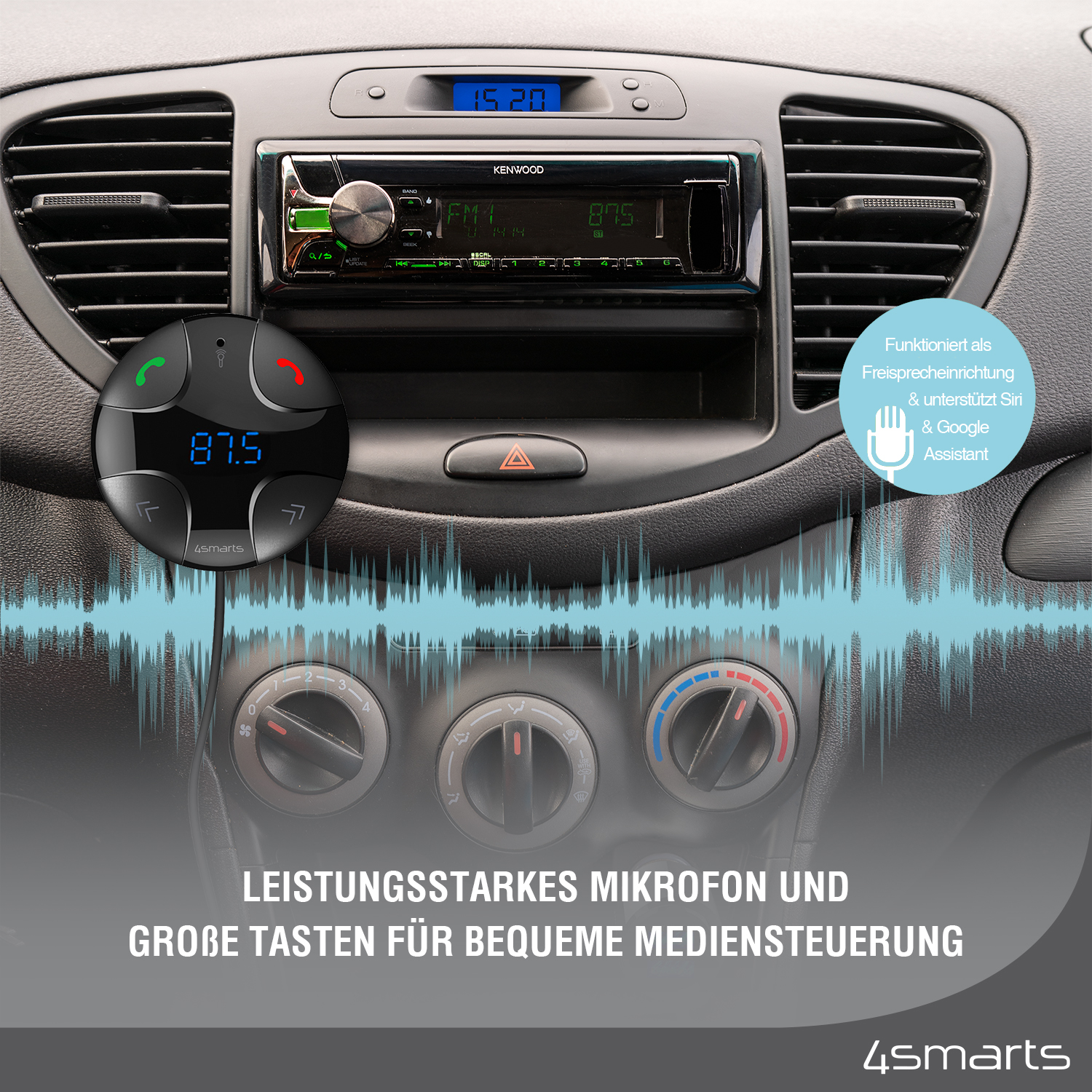 Der 4smarts Bluetooth FM Transmitter DashRemote mit Multimedia-In, Freisprechfunktion und Kfz-Ladegerät verfügt über ein leistungsstarkes Mikrofon und große Tasten zur komfortablen Mediensteuerung.