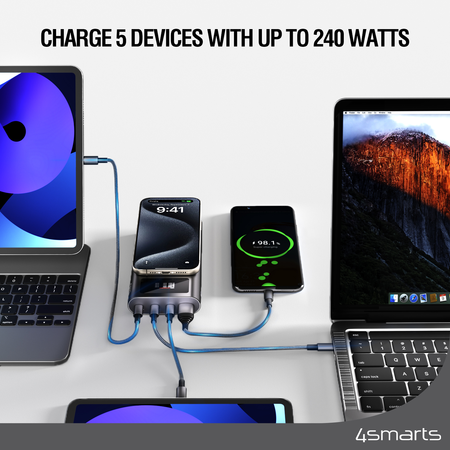 With the 4smarts Enterprise Ultra Powerbank with 26800mAh charging capacity you can charge 5 devices simultaneously with up to 240W.