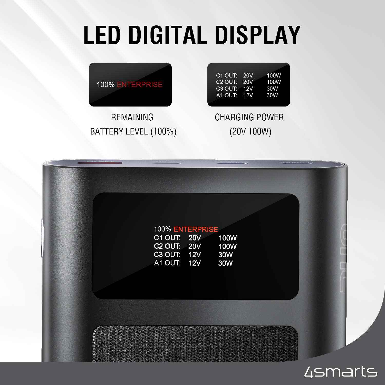 The 4smarts Enterprise Ultra Powerbank with 26800mAh has an integrated digital LED display to show the remaining battery charge and the charging current.