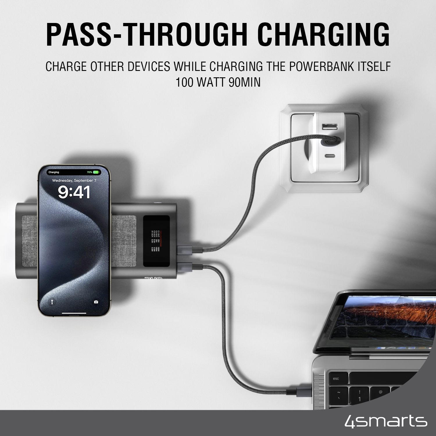 The 4smarts Enterprise Ultra Powerbank with 26800mAh is through-chargeable, which means you can use it to charge other devices while the powerbank is charging.