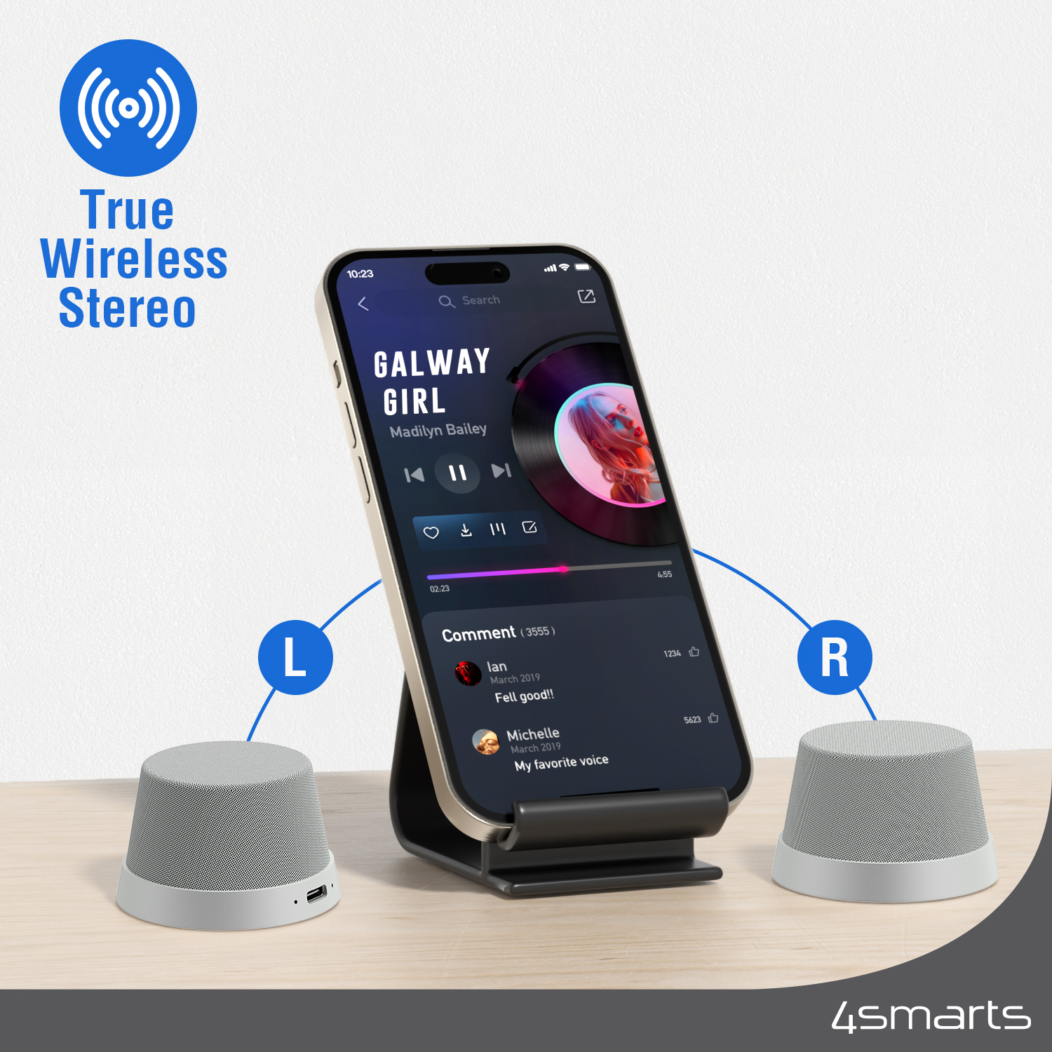 Verbinde zwei 4smarts SoundForce Bluetooth-Lautsprecher für ein echtes Stereoerlebnis.