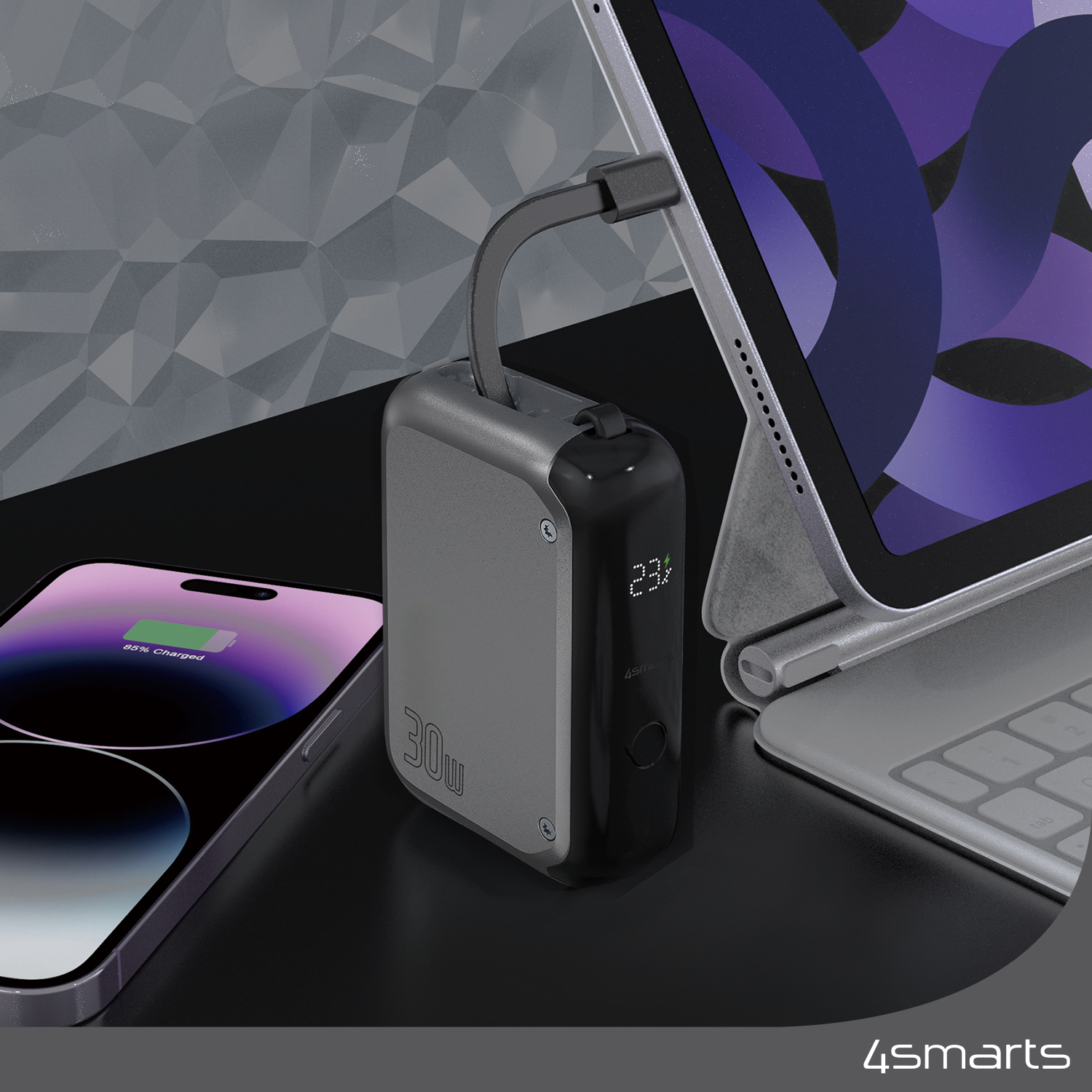 With a charging capacity of 10,000mAh, the 4smarts Powerbank Pocket is a practical solution for travelling and comes with a built-in USB-C cable.