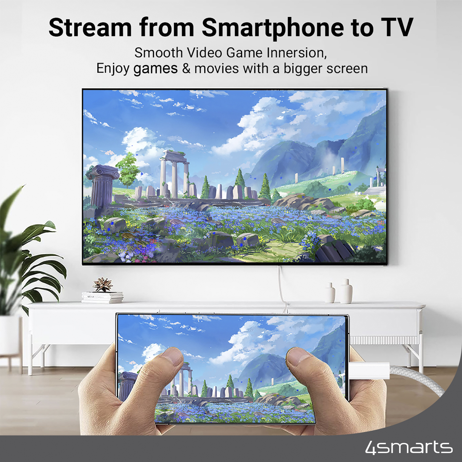 With the 4smarts USB-C to HDMI cable, you can easily stream from your smartphone to your TV.