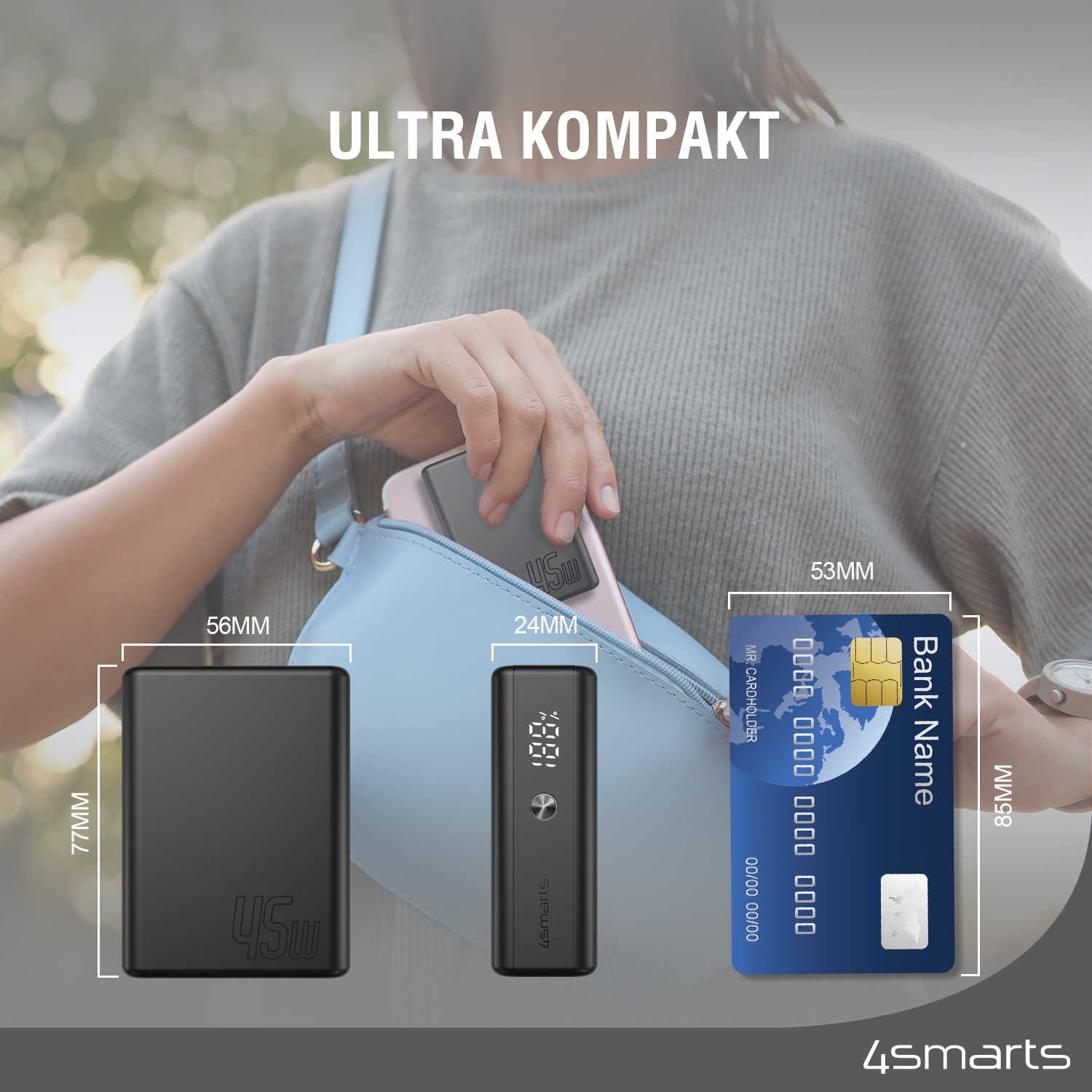 Die 4smarts Powerbank Pocket Slim 10000mAh 45W schwarz ist ultrakompakt und perfekt für unterwegs.