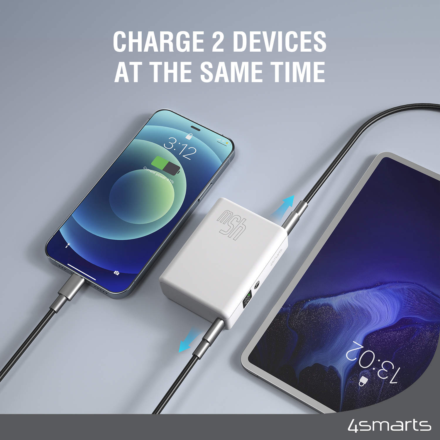 The 4smarts Powerbank Pocket Slim 10000mAh 45W white charges 2 devices simultaneously.