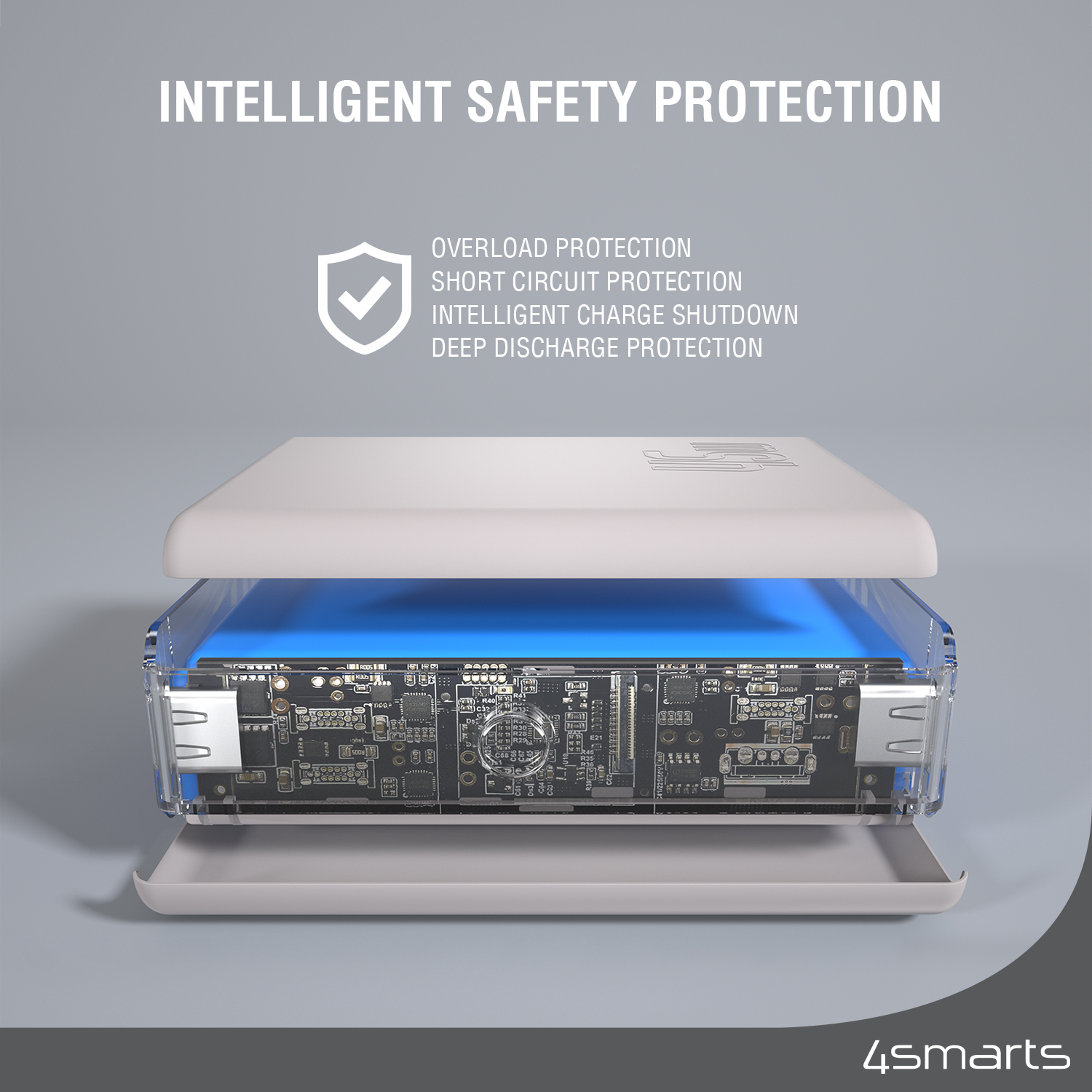 The 4smarts Powerbank Pocket Slim 10000mAh 45W white has intelligent security protection.