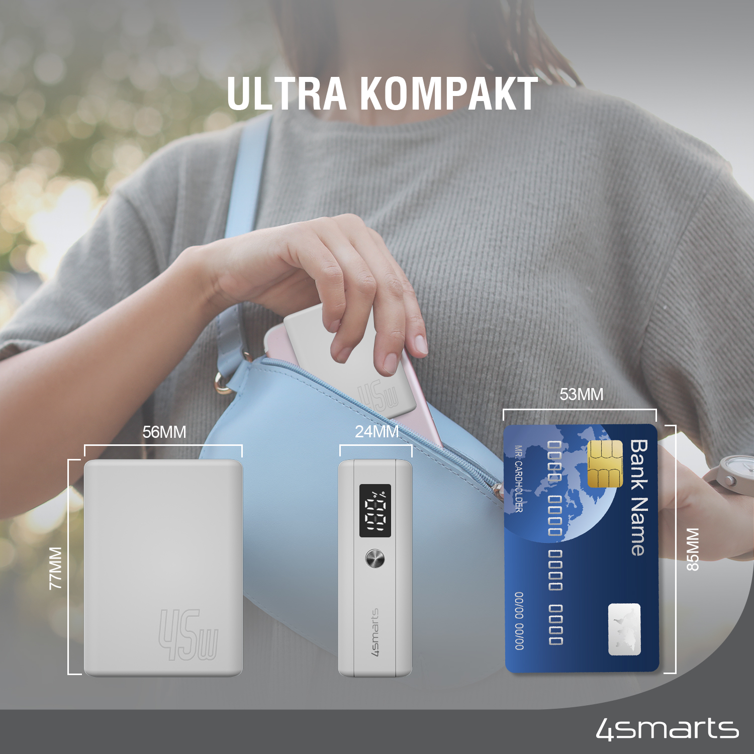 Die 4smarts Powerbank Pocket Slim 10000mAh 45W weiß ist eine ultra kompakte Powerbank, die perfekt für unterwegs ist.