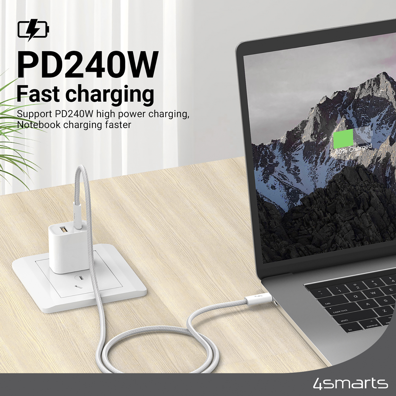 The 4smarts USB-C cable PremiumCord with 240W supports Power Delivery and fast charging.