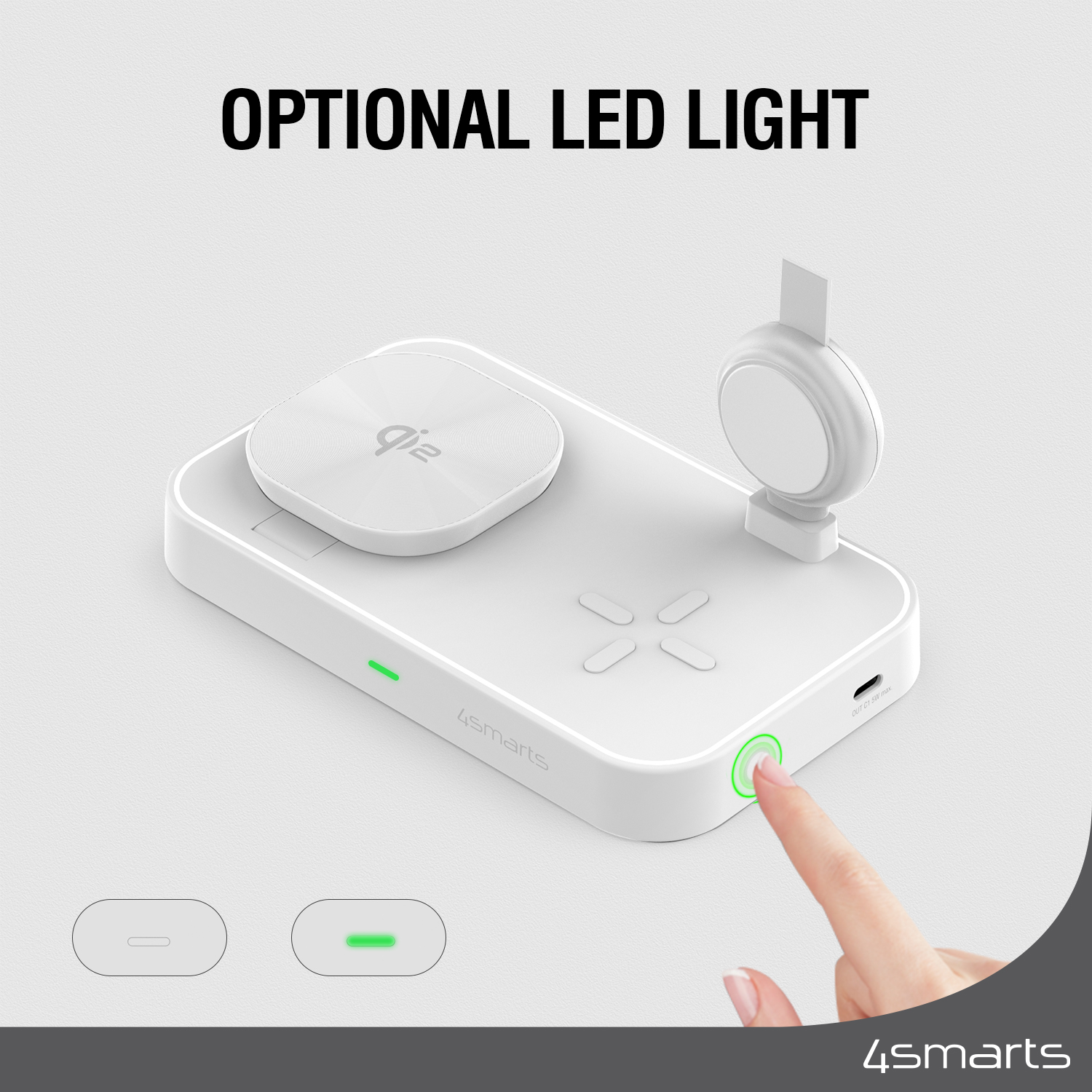 The integrated operating light (LED) of the 4smarts Qi2 Trident charging station can be switched off if necessary.