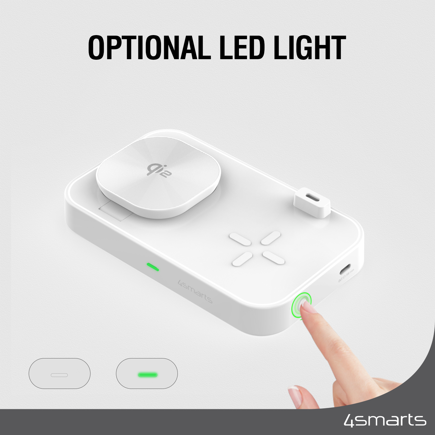 The 3-in-1 4smarts Qi2 Trident Charger has a built-in power light (LED) that can be turned off.