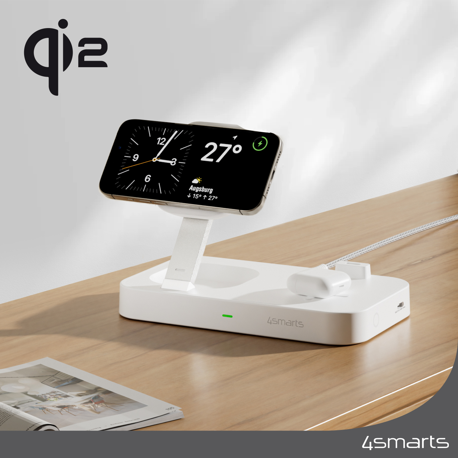 Die 3-in-1 4smarts Qi2 Trident Ladestation macht überall eine gute Figur - im Büro, in der Küche oder im Wohnzimmer.