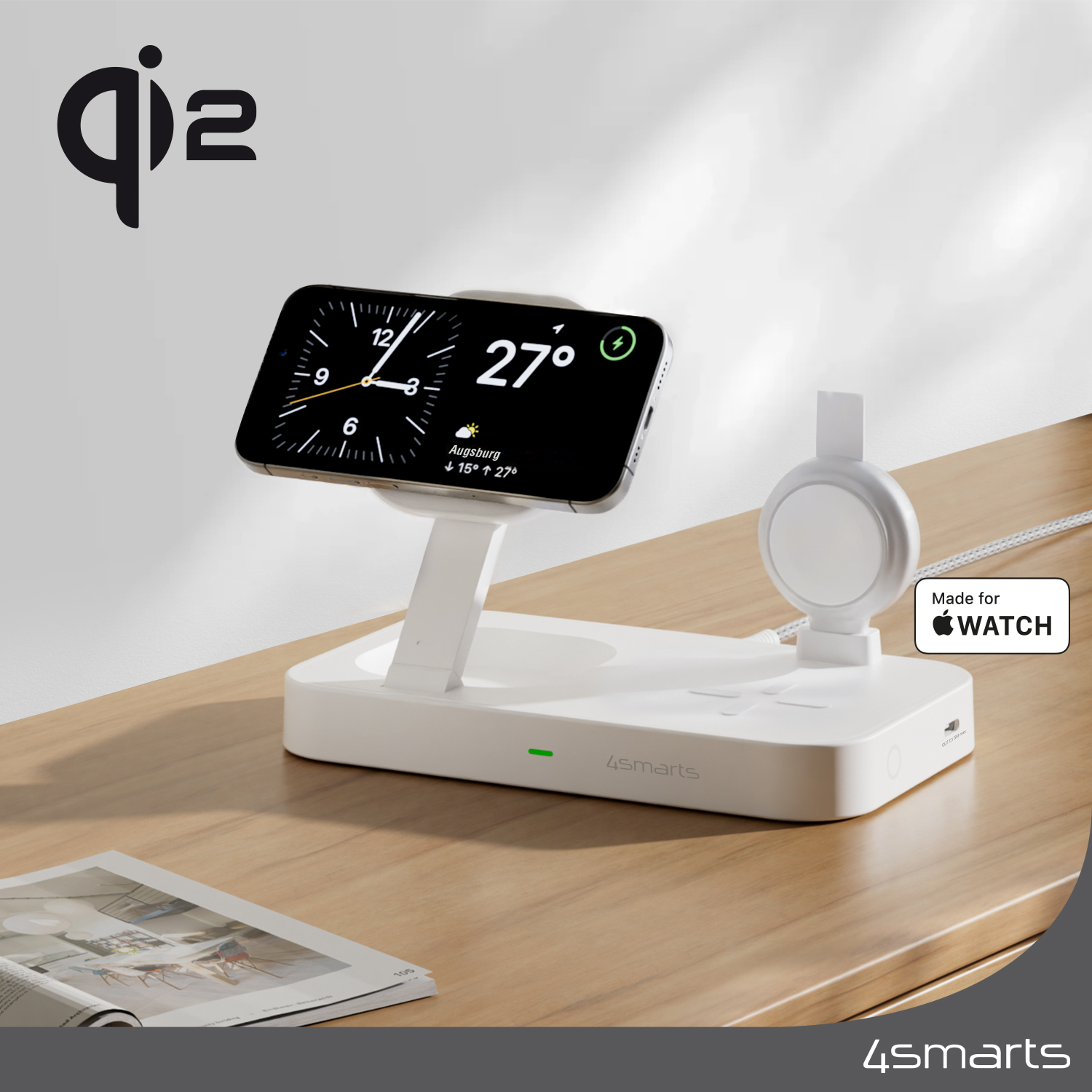 The 3-in-1 Qi2 Wireless Charger Station from 4smarts looks good in any room and is a real eye-catcher.